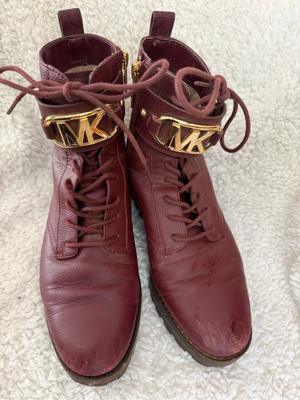 Michael Kors Burgundy Leather Lace-Up Ankle Boots with Gold MK Strap